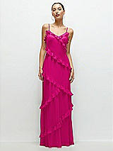 Front View Thumbnail - Think Pink Asymmetrical Ruffle Chiffon Bias Slip Maxi Dress