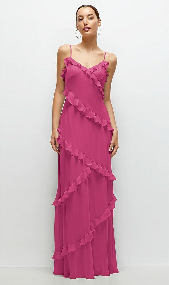 Front View - Tea Rose Asymmetrical Ruffle Chiffon Bias Slip Maxi Dress