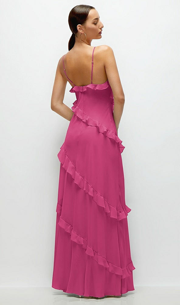 Back View - Tea Rose Asymmetrical Ruffle Chiffon Bias Slip Maxi Dress