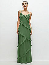 Front View Thumbnail - Vineyard Green Asymmetrical Ruffle Chiffon Bias Slip Maxi Dress