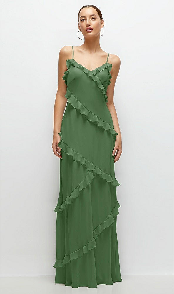 Front View - Vineyard Green Asymmetrical Ruffle Chiffon Bias Slip Maxi Dress