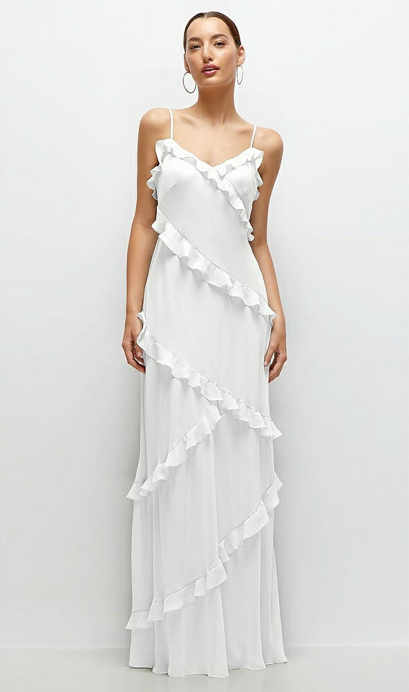 Front View - White Asymmetrical Ruffle Chiffon Bias Slip Maxi Dress