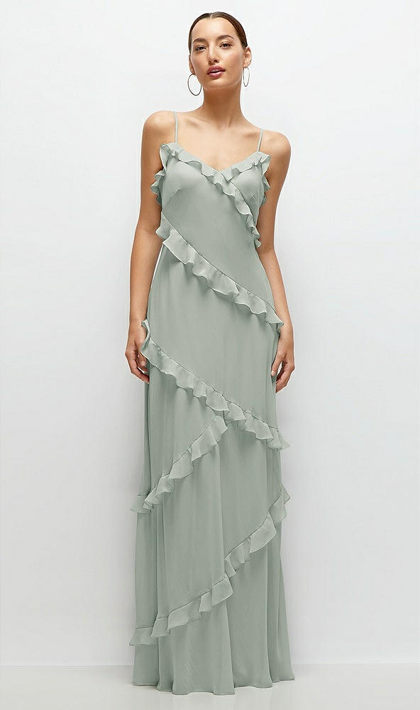 Front View - Willow Green Asymmetrical Ruffle Chiffon Bias Slip Maxi Dress