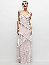 Front View Thumbnail - Watercolor Print Asymmetrical Ruffle Chiffon Bias Slip Maxi Dress