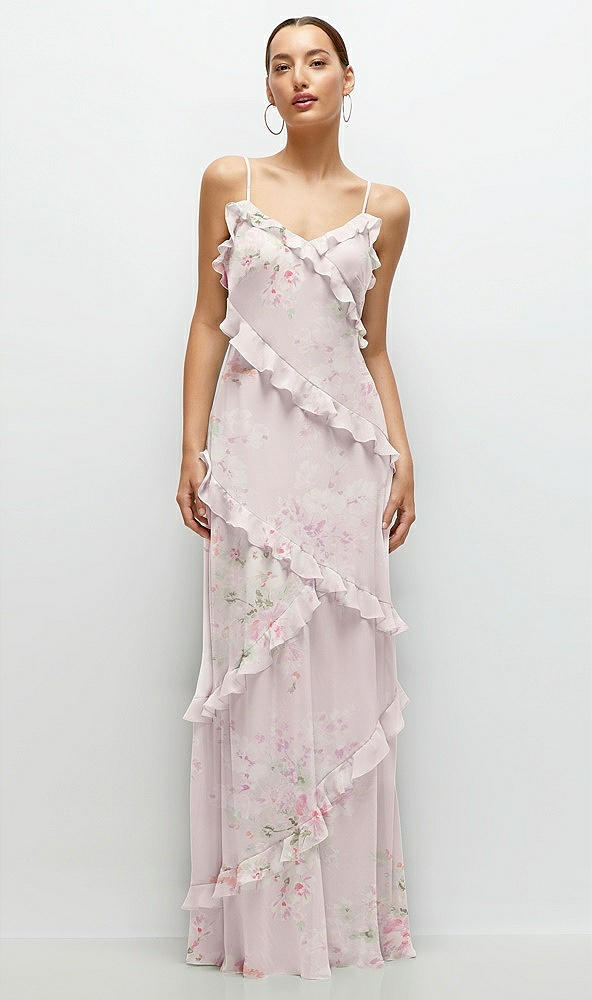 Front View - Watercolor Print Asymmetrical Ruffle Chiffon Bias Slip Maxi Dress