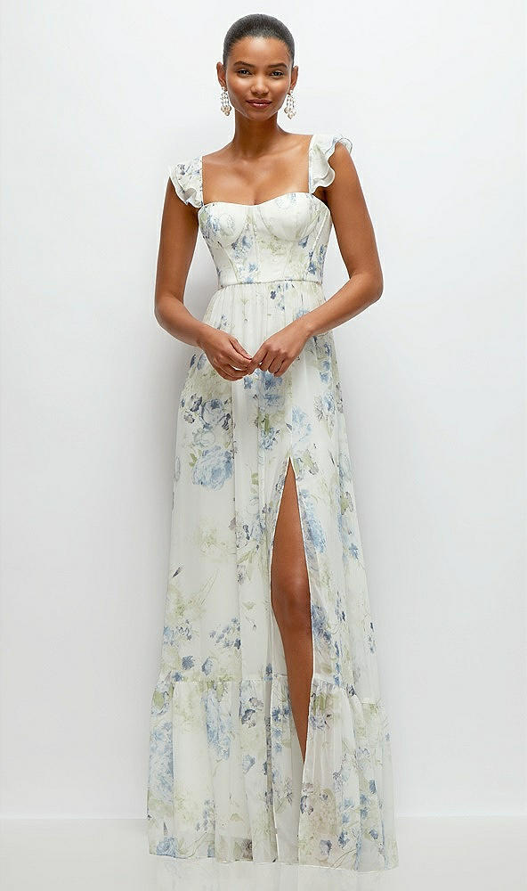 Front View - Bleu Garden Ruffle Strap Chiffon Bustier Maxi Dress with Ruffle Hem A-Line Skirt