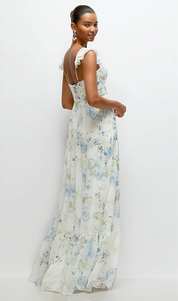 Back View - Bleu Garden Ruffle Strap Chiffon Bustier Maxi Dress with Ruffle Hem A-Line Skirt