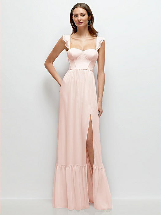 Ruffle Strap Chiffon Bustier Maxi Dress with Ruffle Hem A-Line Skirt