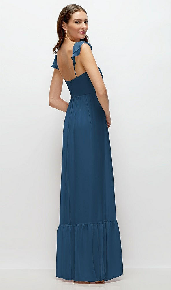 Back View - Dusk Blue Ruffle Strap Chiffon Bustier Maxi Dress with Ruffle Hem A-Line Skirt