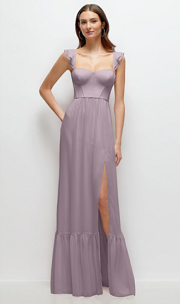 Front View - Lilac Dusk Ruffle Strap Chiffon Bustier Maxi Dress with Ruffle Hem A-Line Skirt