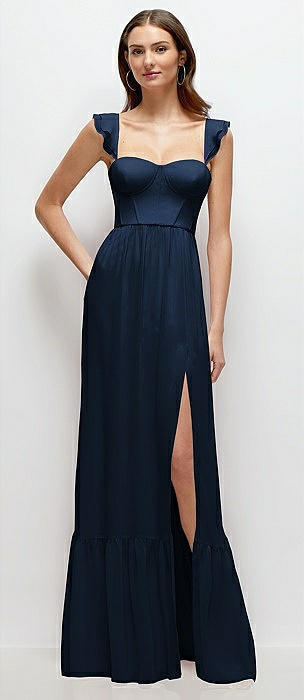 Ruffle Strap Chiffon Bustier Maxi Dress with Ruffle Hem A-Line Skirt