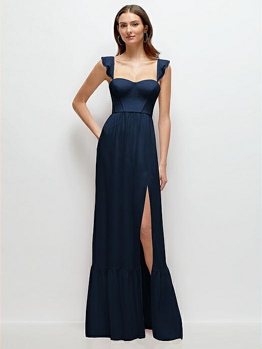 Ruffle Strap Chiffon Bustier Maxi Dress with Ruffle Hem A-Line Skirt