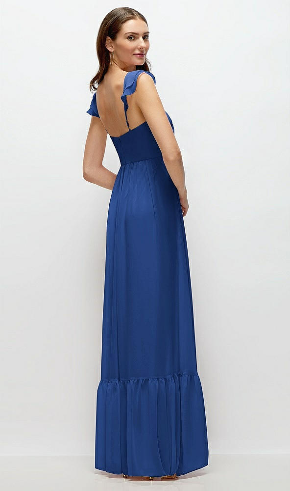 Back View - Classic Blue Ruffle Strap Chiffon Bustier Maxi Dress with Ruffle Hem A-Line Skirt