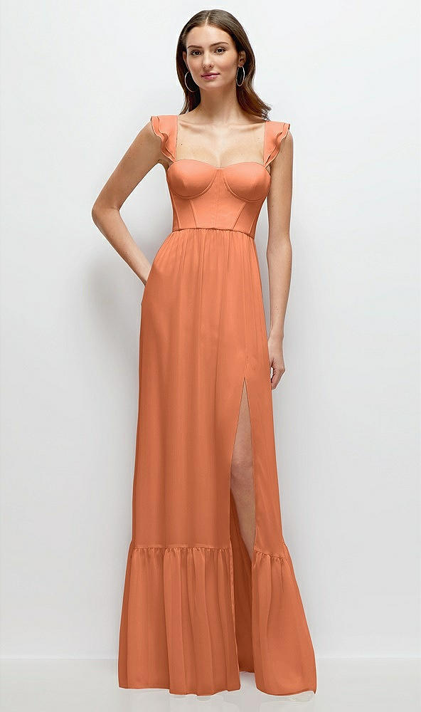 Front View - Sweet Melon Ruffle Strap Chiffon Bustier Maxi Dress with Ruffle Hem A-Line Skirt