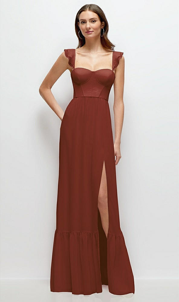 Front View - Auburn Moon Ruffle Strap Chiffon Bustier Maxi Dress with Ruffle Hem A-Line Skirt