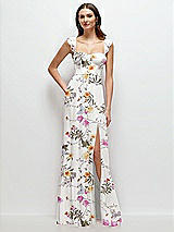 Front View Thumbnail - Butterfly Botanica Ivory Ruffle Strap Chiffon Bustier Maxi Dress with Ruffle Hem A-Line Skirt