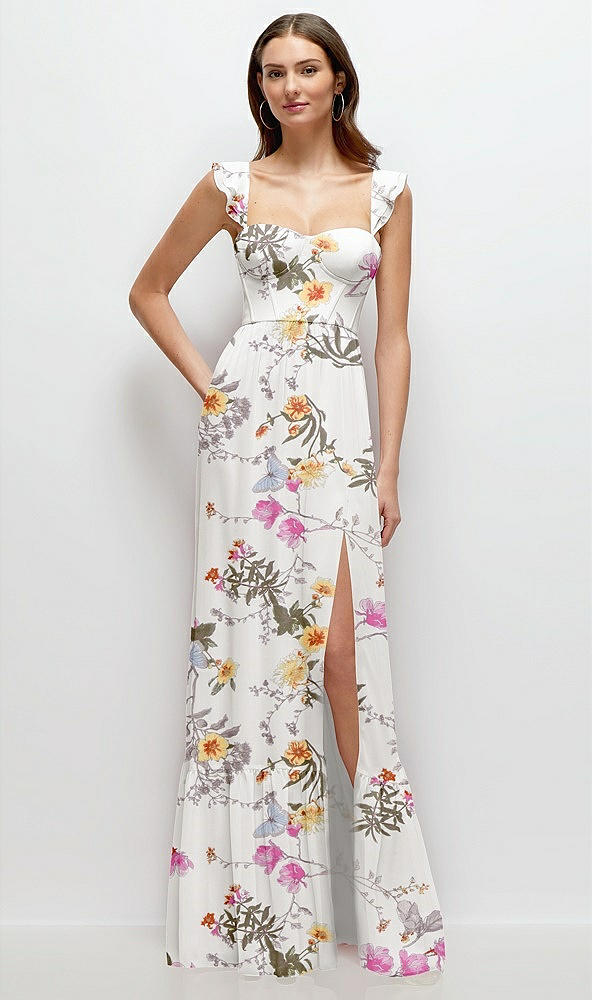 Front View - Butterfly Botanica Ivory Ruffle Strap Chiffon Bustier Maxi Dress with Ruffle Hem A-Line Skirt