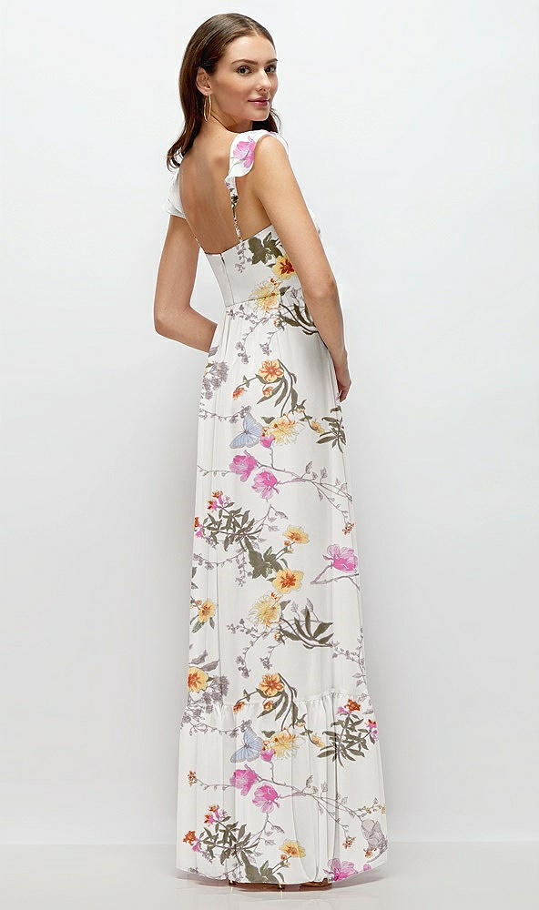 Back View - Butterfly Botanica Ivory Ruffle Strap Chiffon Bustier Maxi Dress with Ruffle Hem A-Line Skirt