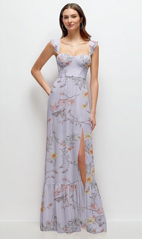 Front View - Butterfly Botanica Silver Dove Ruffle Strap Chiffon Bustier Maxi Dress with Ruffle Hem A-Line Skirt