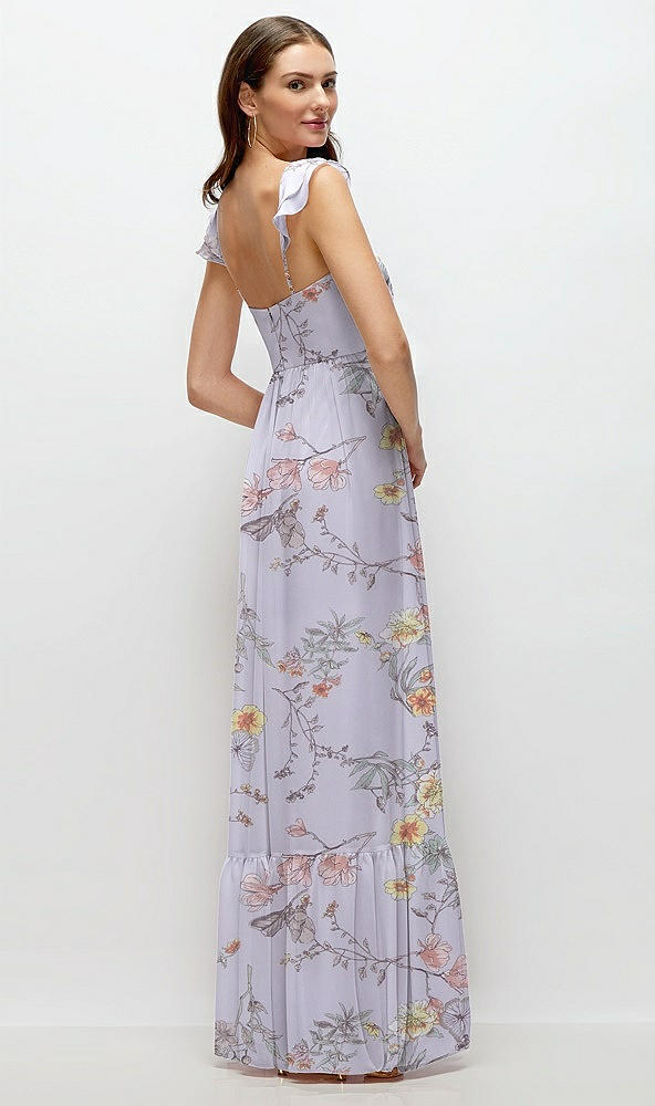 Back View - Butterfly Botanica Silver Dove Ruffle Strap Chiffon Bustier Maxi Dress with Ruffle Hem A-Line Skirt