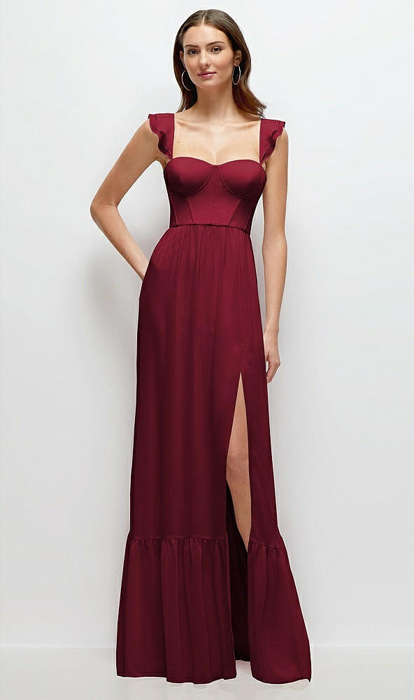 Front View - Burgundy Ruffle Strap Chiffon Bustier Maxi Dress with Ruffle Hem A-Line Skirt