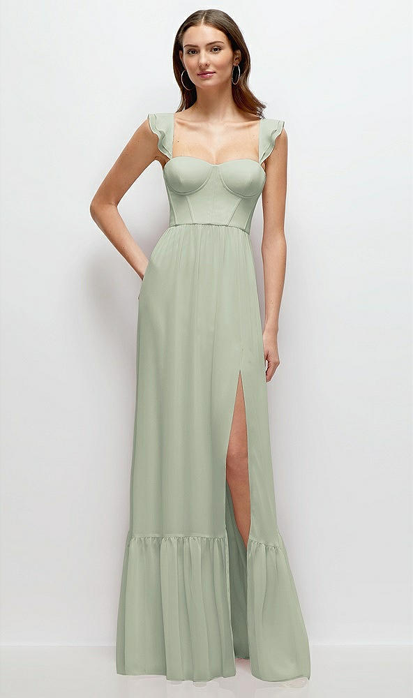 Front View - Celadon Ruffle Strap Chiffon Bustier Maxi Dress with Ruffle Hem A-Line Skirt