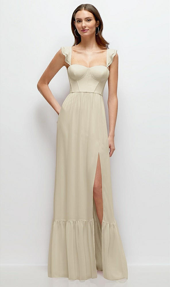 Front View - Champagne Ruffle Strap Chiffon Bustier Maxi Dress with Ruffle Hem A-Line Skirt