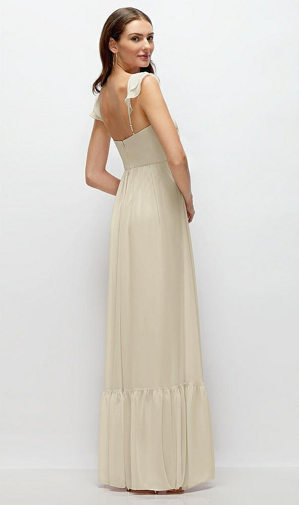 Back View - Champagne Ruffle Strap Chiffon Bustier Maxi Dress with Ruffle Hem A-Line Skirt