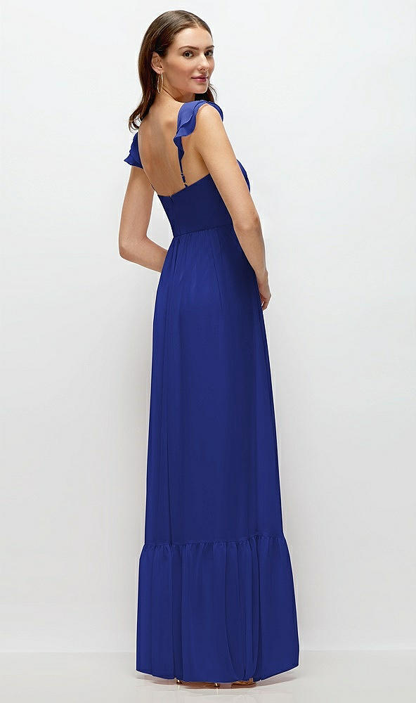 Back View - Cobalt Blue Ruffle Strap Chiffon Bustier Maxi Dress with Ruffle Hem A-Line Skirt