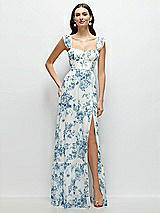 Front View Thumbnail - Cottage Rose Dusk Blue Ruffle Strap Chiffon Bustier Maxi Dress with Ruffle Hem A-Line Skirt