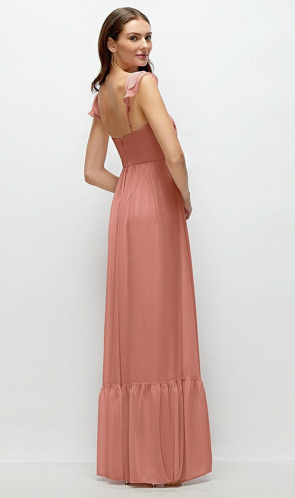 Back View - Desert Rose Ruffle Strap Chiffon Bustier Maxi Dress with Ruffle Hem A-Line Skirt