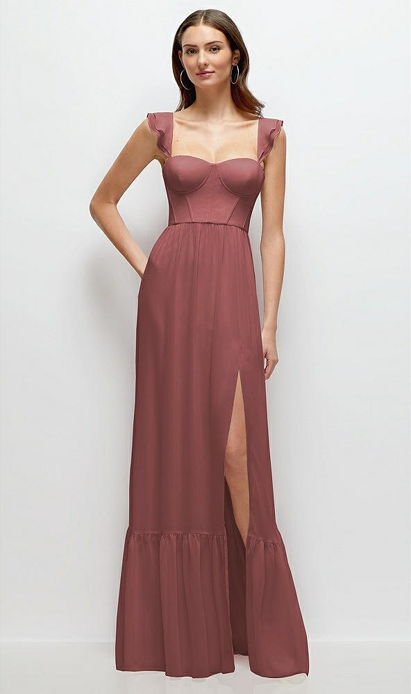 Front View - English Rose Ruffle Strap Chiffon Bustier Maxi Dress with Ruffle Hem A-Line Skirt