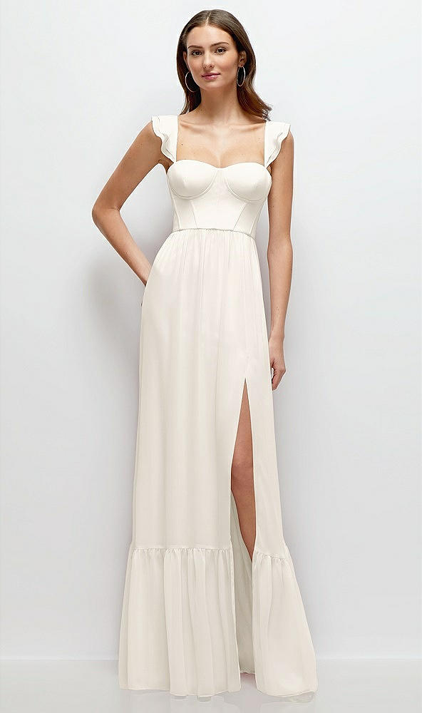 Front View - Ivory Ruffle Strap Chiffon Bustier Maxi Dress with Ruffle Hem A-Line Skirt