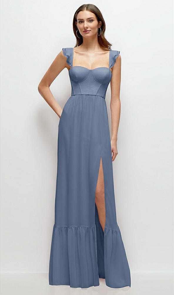 Front View - Larkspur Blue Ruffle Strap Chiffon Bustier Maxi Dress with Ruffle Hem A-Line Skirt