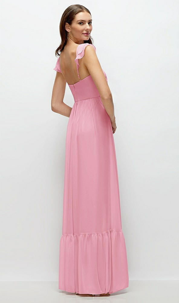 Back View - Peony Pink Ruffle Strap Chiffon Bustier Maxi Dress with Ruffle Hem A-Line Skirt