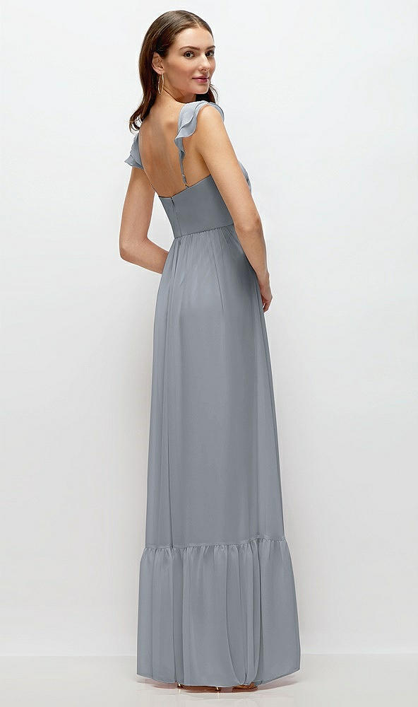 Back View - Platinum Ruffle Strap Chiffon Bustier Maxi Dress with Ruffle Hem A-Line Skirt