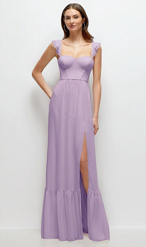 Front View - Pale Purple Ruffle Strap Chiffon Bustier Maxi Dress with Ruffle Hem A-Line Skirt