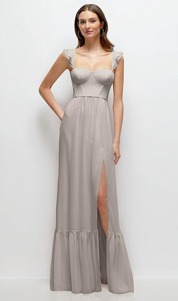 Front View - Taupe Ruffle Strap Chiffon Bustier Maxi Dress with Ruffle Hem A-Line Skirt