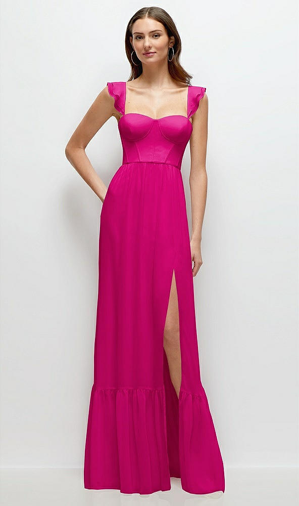 Front View - Think Pink Ruffle Strap Chiffon Bustier Maxi Dress with Ruffle Hem A-Line Skirt