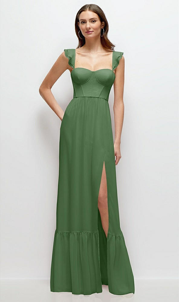 Front View - Vineyard Green Ruffle Strap Chiffon Bustier Maxi Dress with Ruffle Hem A-Line Skirt