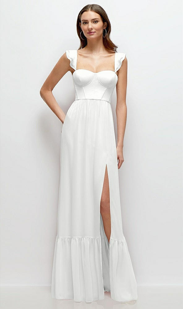 Front View - White Ruffle Strap Chiffon Bustier Maxi Dress with Ruffle Hem A-Line Skirt