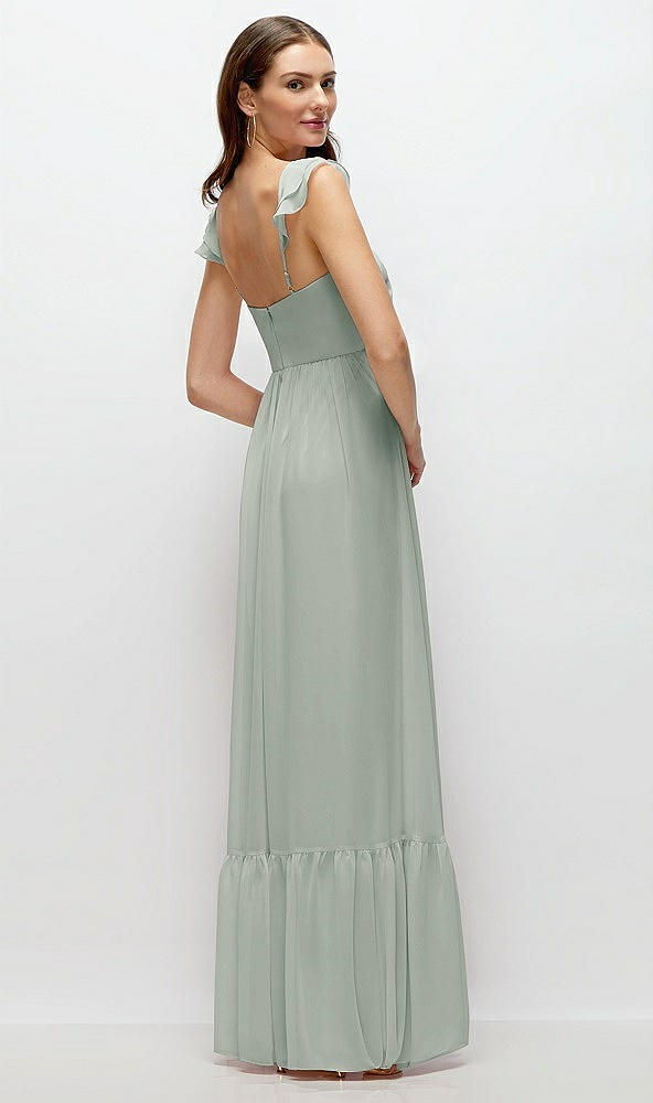 Back View - Willow Green Ruffle Strap Chiffon Bustier Maxi Dress with Ruffle Hem A-Line Skirt