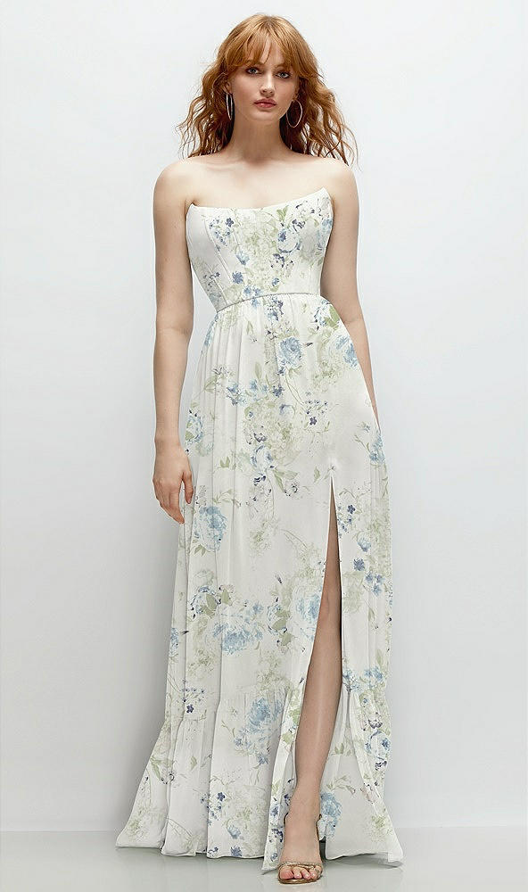 Front View - Bleu Garden Strapless Cat-Eye Corset Maxi Dress with Ruffle Hem A-Line Skirt