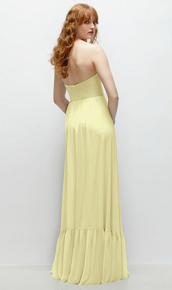 Back View - Butter Yellow Strapless Cat-Eye Corset Maxi Dress with Ruffle Hem A-Line Skirt