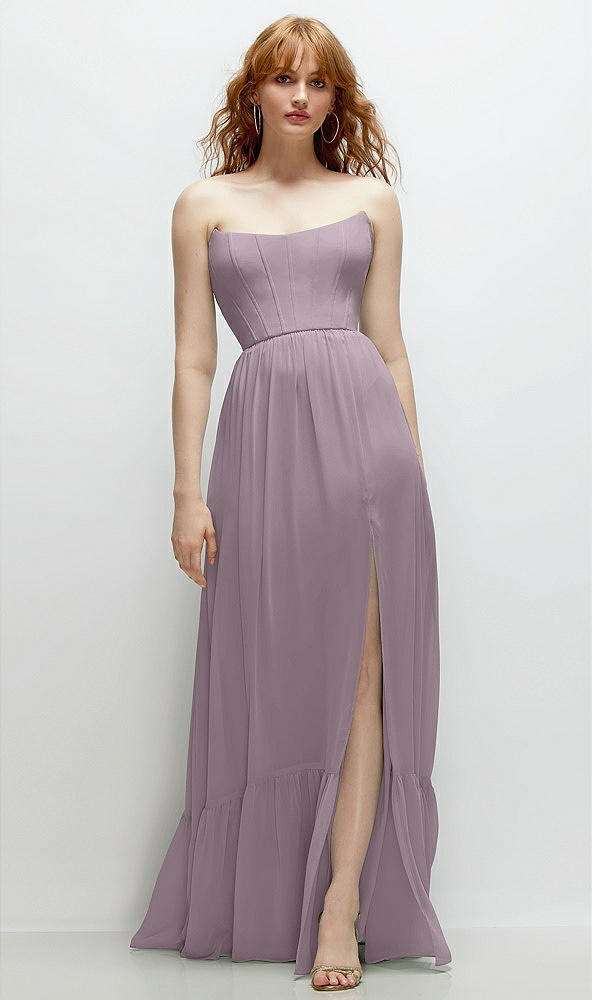 Front View - Lilac Dusk Strapless Cat-Eye Corset Maxi Dress with Ruffle Hem A-Line Skirt