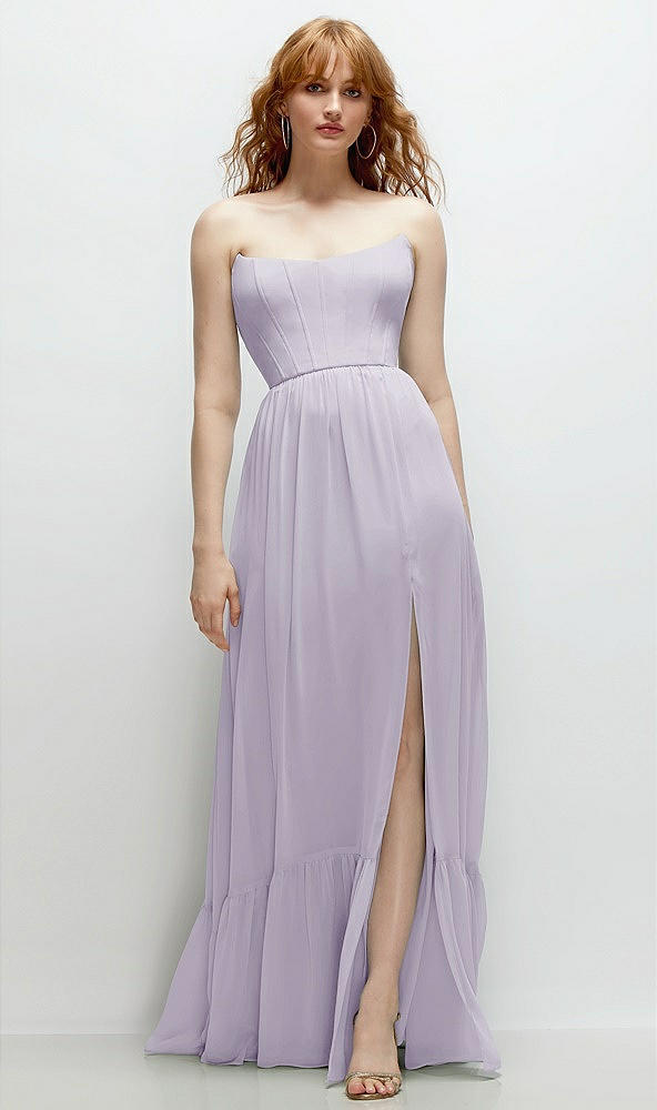 Front View - Moondance Strapless Cat-Eye Corset Maxi Dress with Ruffle Hem A-Line Skirt