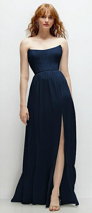 Strapless Cat-Eye Corset Maxi Dress with Ruffle Hem A-Line Skirt