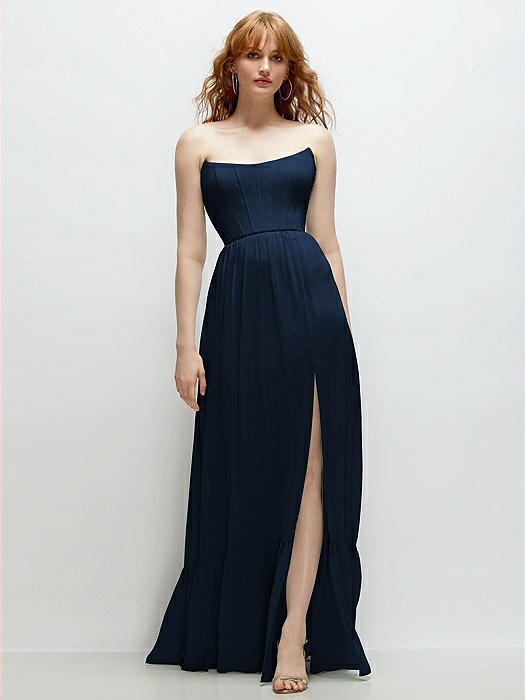 Strapless Cat-Eye Corset Maxi Dress with Ruffle Hem A-Line Skirt