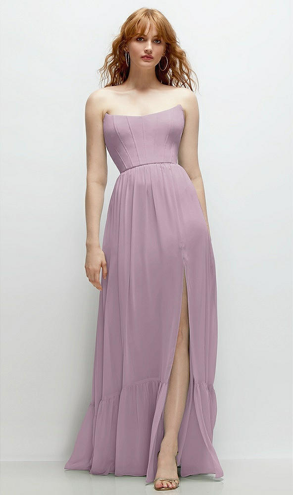 Front View - Suede Rose Strapless Cat-Eye Corset Maxi Dress with Ruffle Hem A-Line Skirt