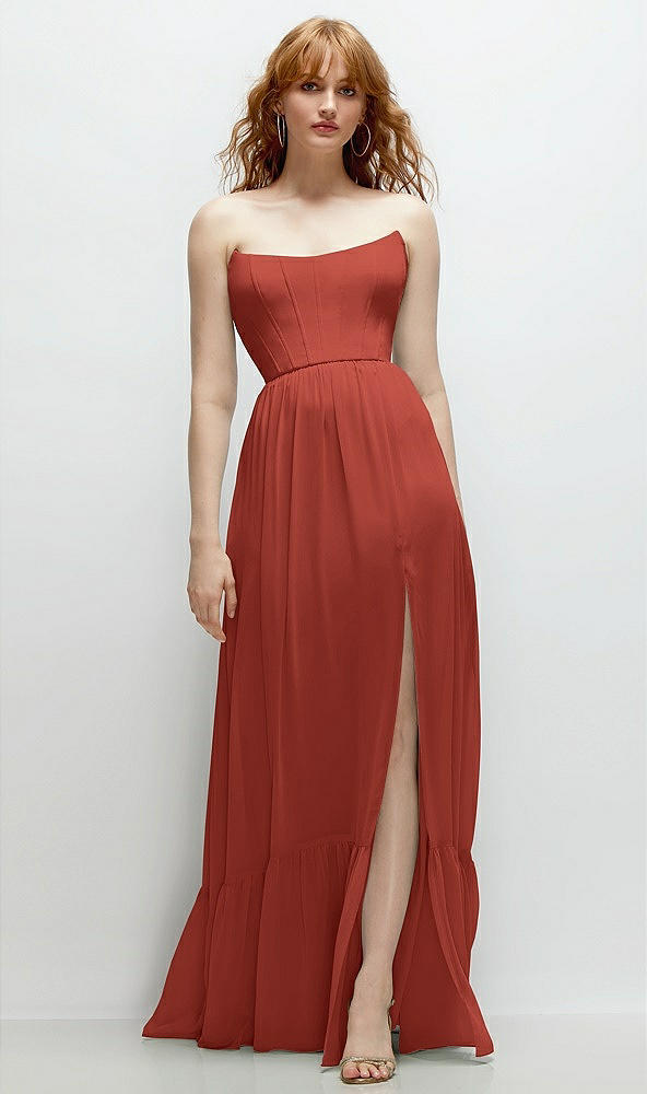 Front View - Amber Sunset Strapless Cat-Eye Corset Maxi Dress with Ruffle Hem A-Line Skirt